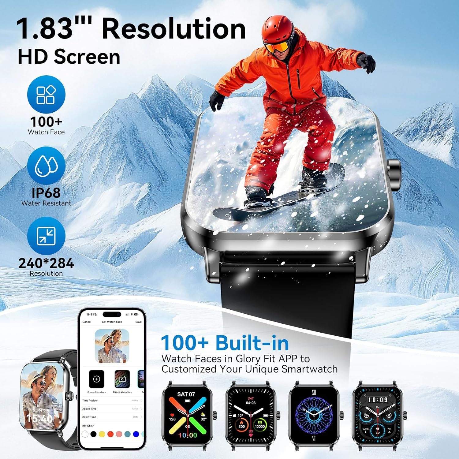 Smart Watch for Men Women, 1.83" HD Touchsreen, Bluetooth Calling, 5 ATM Water-Resistance, 130+ Sports Modes, Health, Fitness & Sleep Tracker, Timer, Fitness Watch for Android/Ios, Black