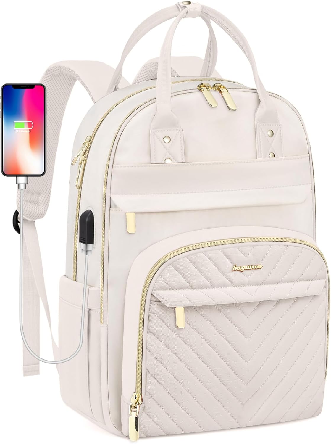 Laptop Backpack for Women – 15.6" Waterproof Work & Travel Bag with USB Charging Port, Anti-Theft Design, College School Bookbag for Nurse, Teacher & Business (Beige/Black/Brown)