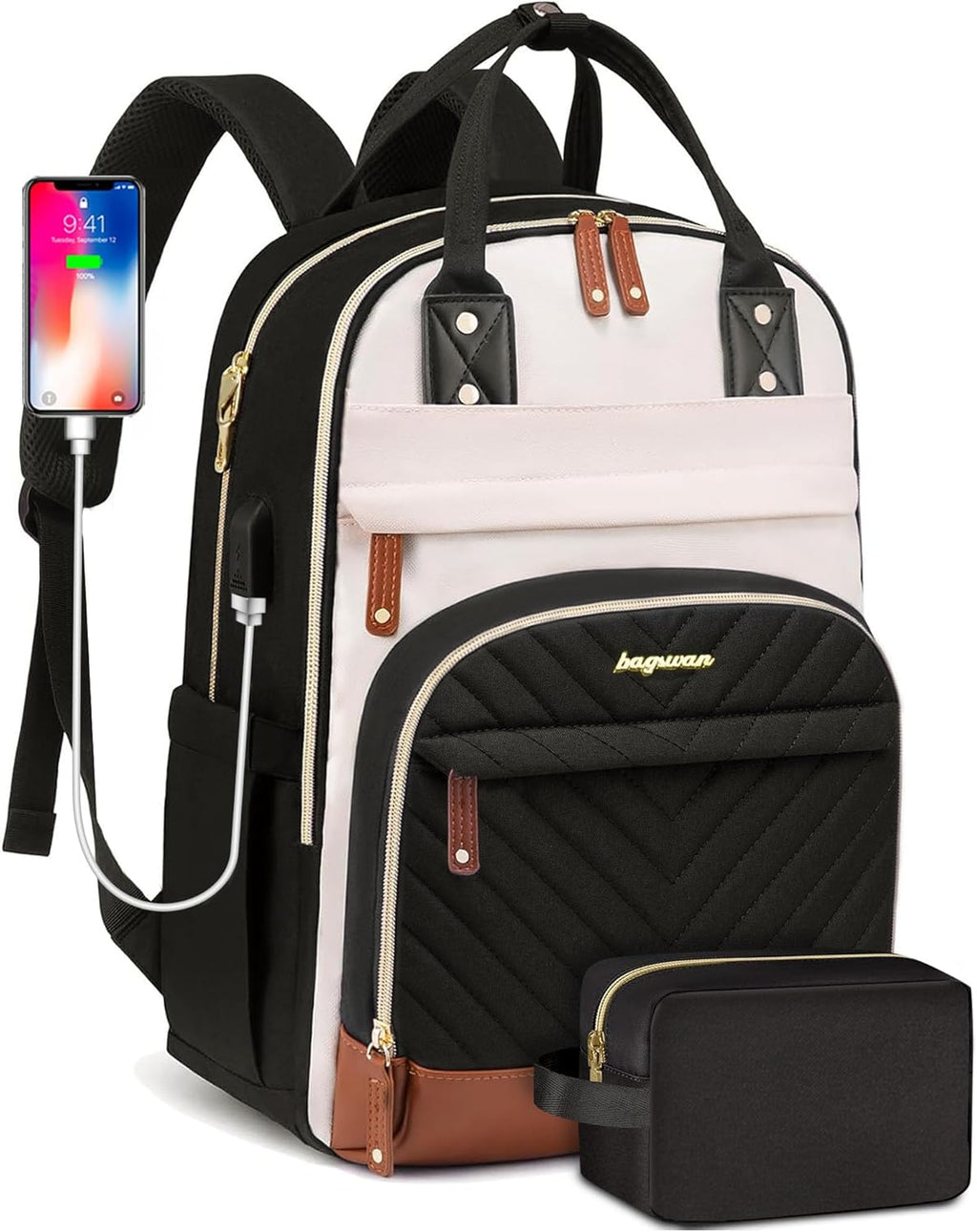 Laptop Backpack for Women – 15.6" Waterproof Work & Travel Bag with USB Charging Port, Anti-Theft Design, College School Bookbag for Nurse, Teacher & Business (Beige/Black/Brown)
