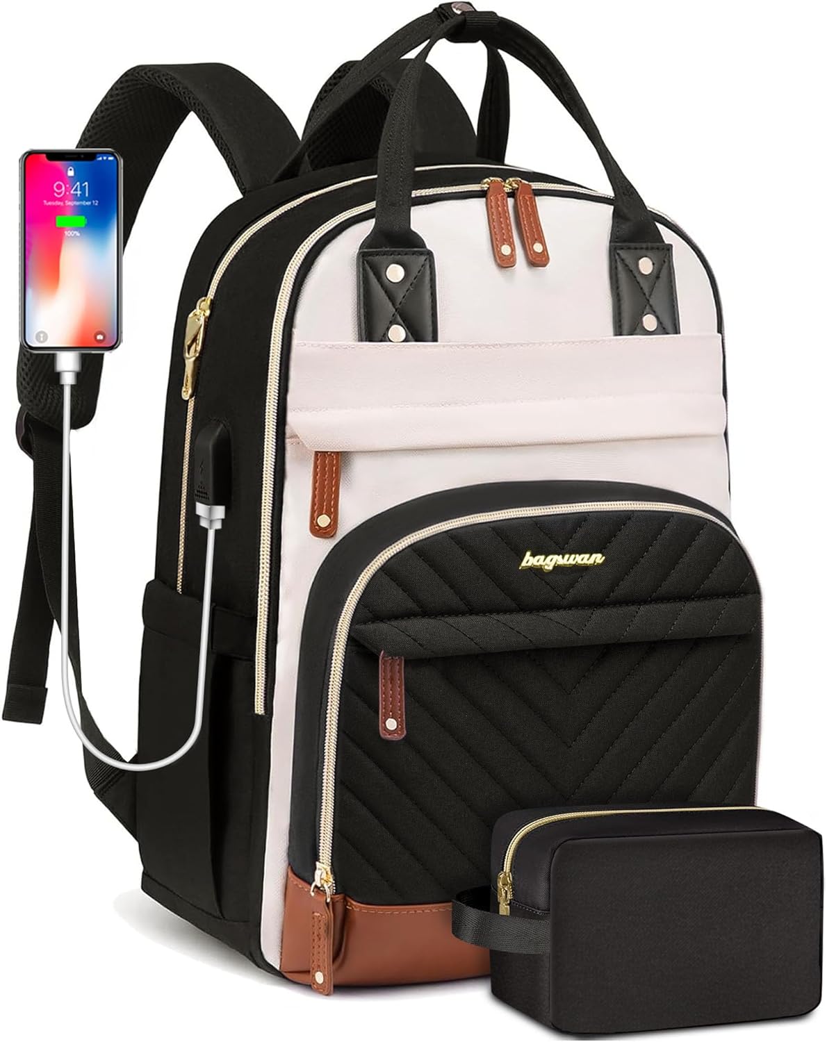 Laptop Backpack for Women – 15.6" Waterproof Work & Travel Bag with USB Charging Port, Anti-Theft Design, College School Bookbag for Nurse, Teacher & Business (Beige/Black/Brown)