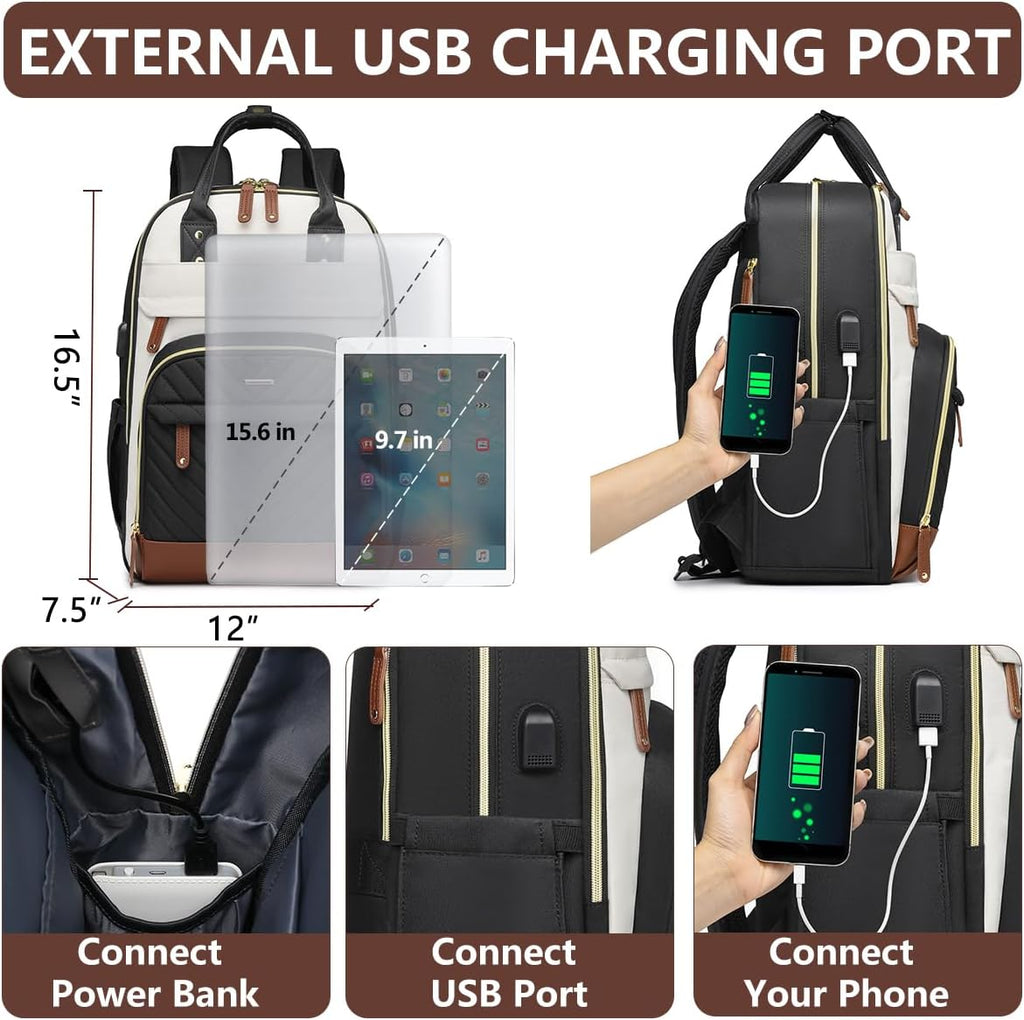 Laptop Backpack for Women – 15.6" Waterproof Work & Travel Bag with USB Charging Port, Anti-Theft Design, College School Bookbag for Nurse, Teacher & Business (Beige/Black/Brown)