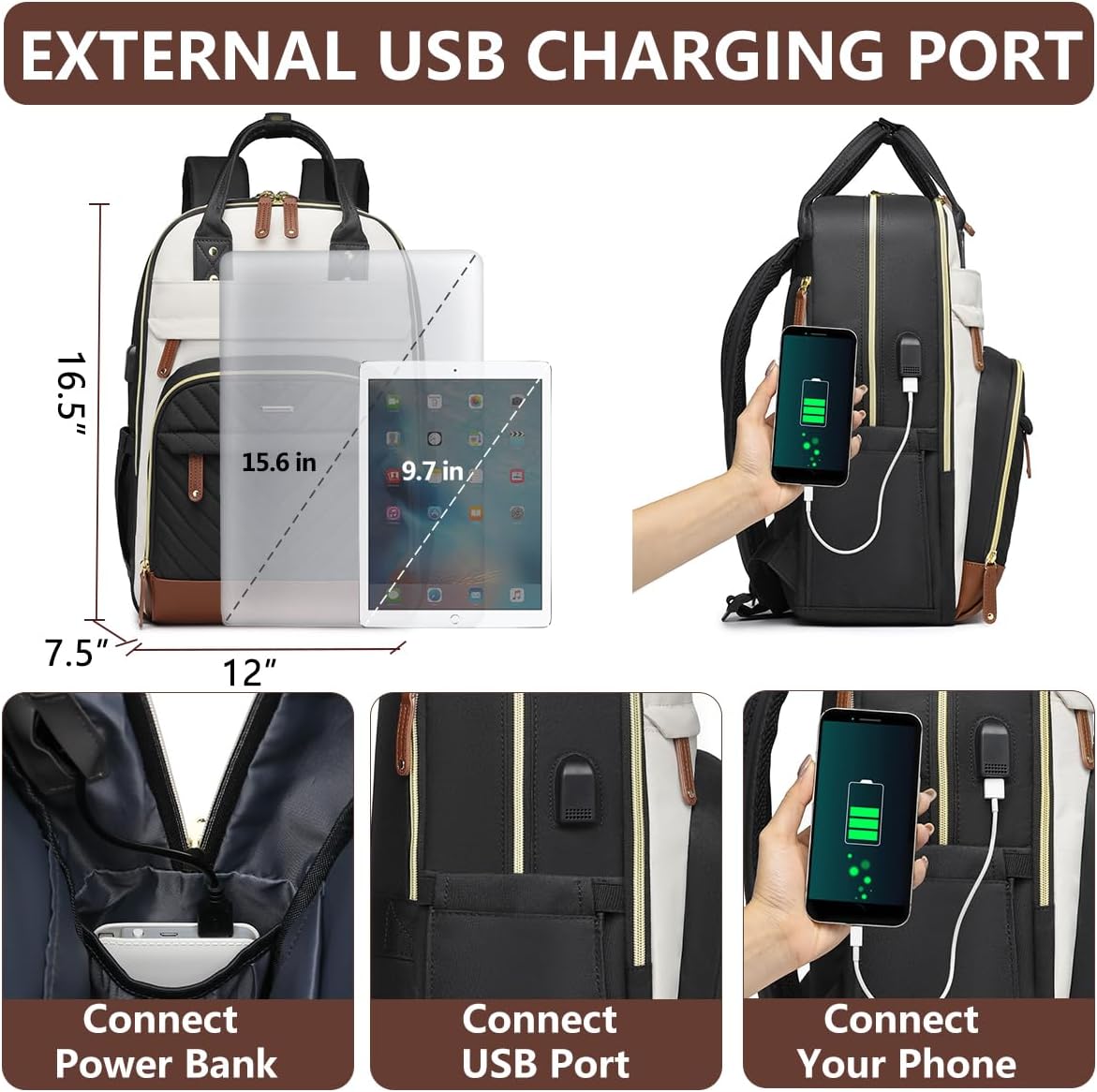 Laptop Backpack for Women – 15.6" Waterproof Work & Travel Bag with USB Charging Port, Anti-Theft Design, College School Bookbag for Nurse, Teacher & Business (Beige/Black/Brown)