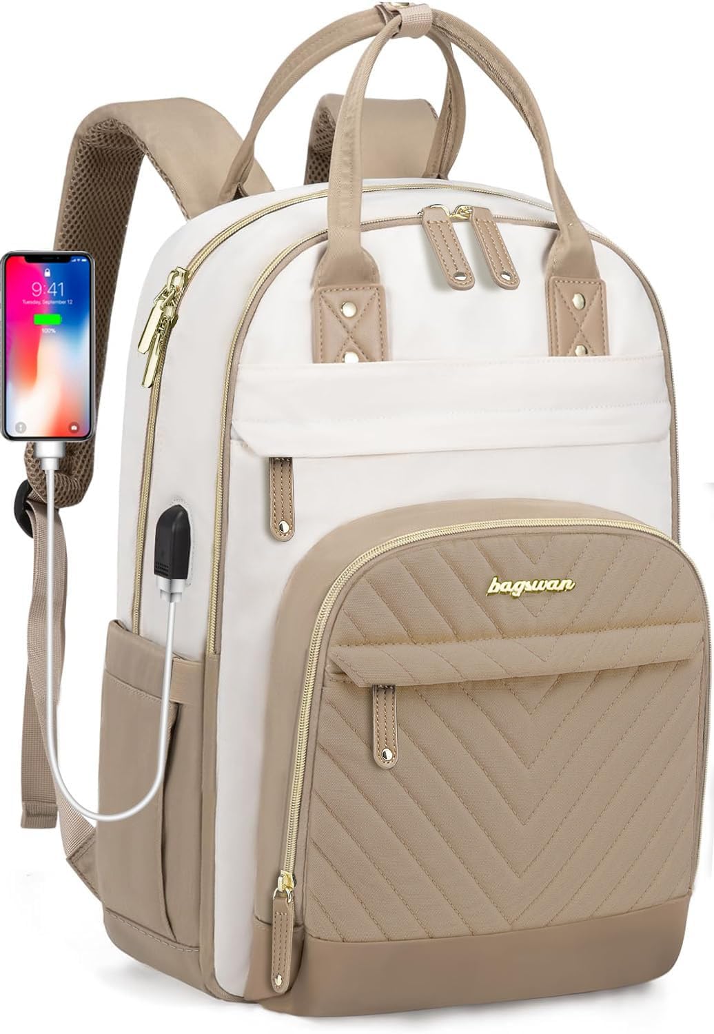 Laptop Backpack for Women – 15.6" Waterproof Work & Travel Bag with USB Charging Port, Anti-Theft Design, College School Bookbag for Nurse, Teacher & Business (Beige/Black/Brown)