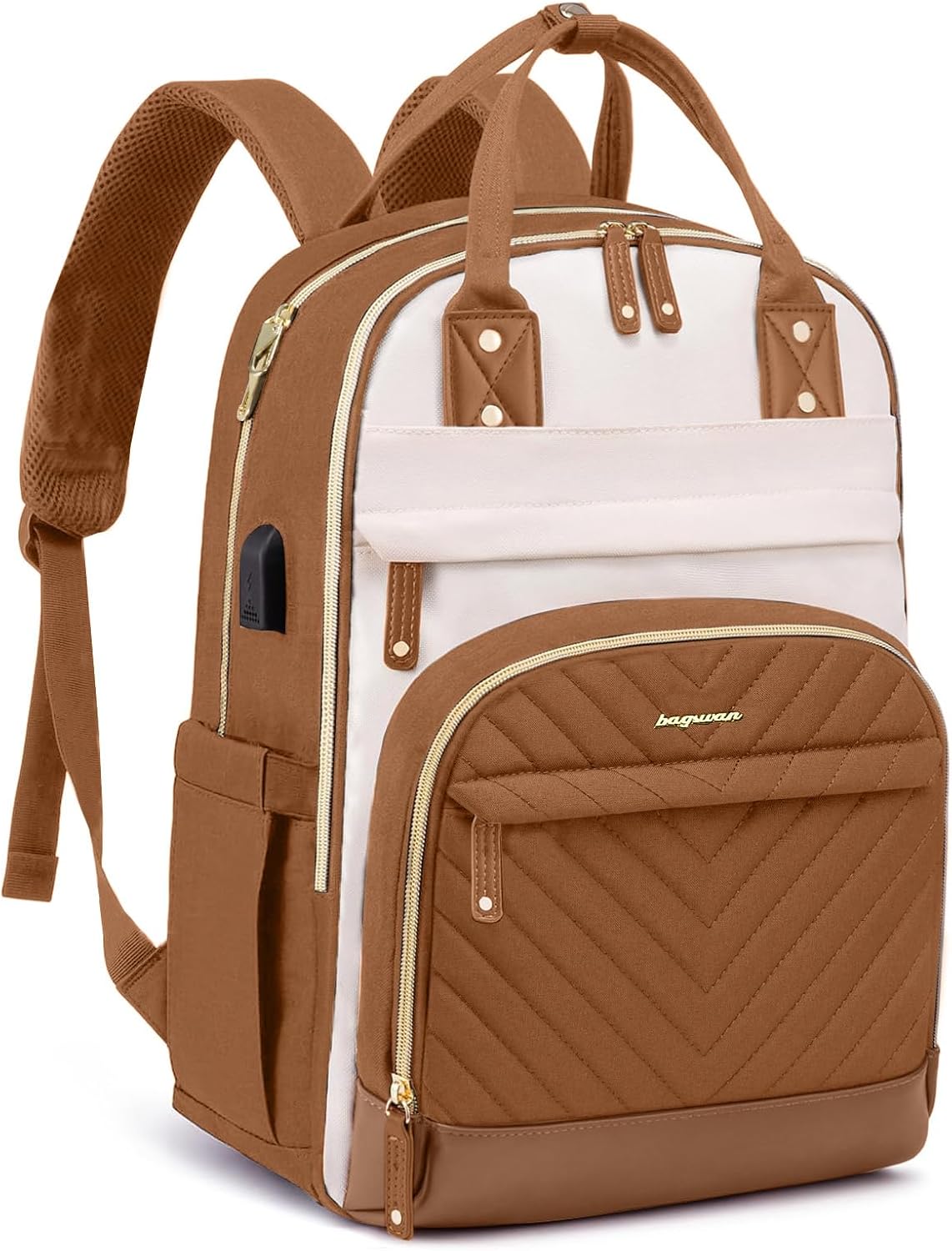 Laptop Backpack for Women – 15.6" Waterproof Work & Travel Bag with USB Charging Port, Anti-Theft Design, College School Bookbag for Nurse, Teacher & Business (Beige/Black/Brown)