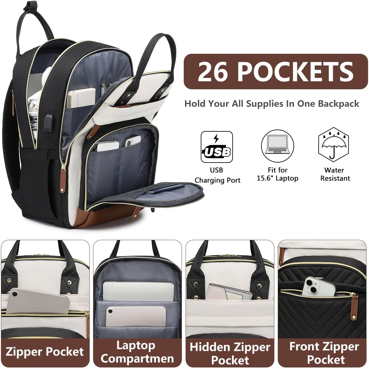 Laptop Backpack for Women – 15.6" Waterproof Work & Travel Bag with USB Charging Port, Anti-Theft Design, College School Bookbag for Nurse, Teacher & Business (Beige/Black/Brown)