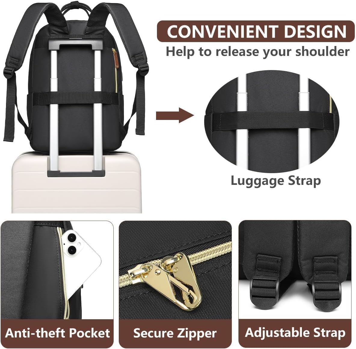 Laptop Backpack for Women – 15.6" Waterproof Work & Travel Bag with USB Charging Port, Anti-Theft Design, College School Bookbag for Nurse, Teacher & Business (Beige/Black/Brown)