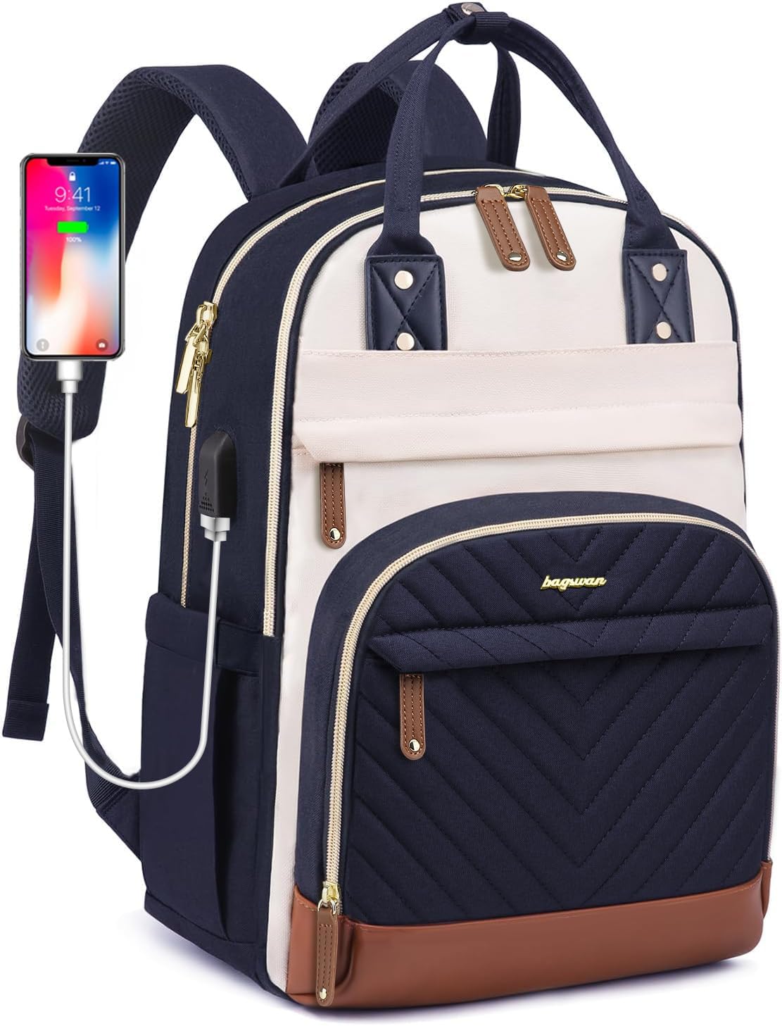 Laptop Backpack for Women – 15.6" Waterproof Work & Travel Bag with USB Charging Port, Anti-Theft Design, College School Bookbag for Nurse, Teacher & Business (Beige/Black/Brown)
