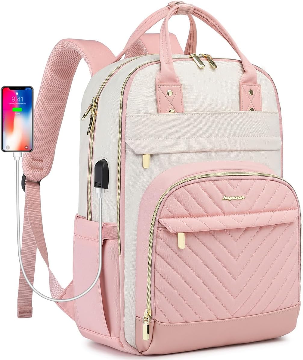 Laptop Backpack for Women – 15.6" Waterproof Work & Travel Bag with USB Charging Port, Anti-Theft Design, College School Bookbag for Nurse, Teacher & Business (Beige/Black/Brown)