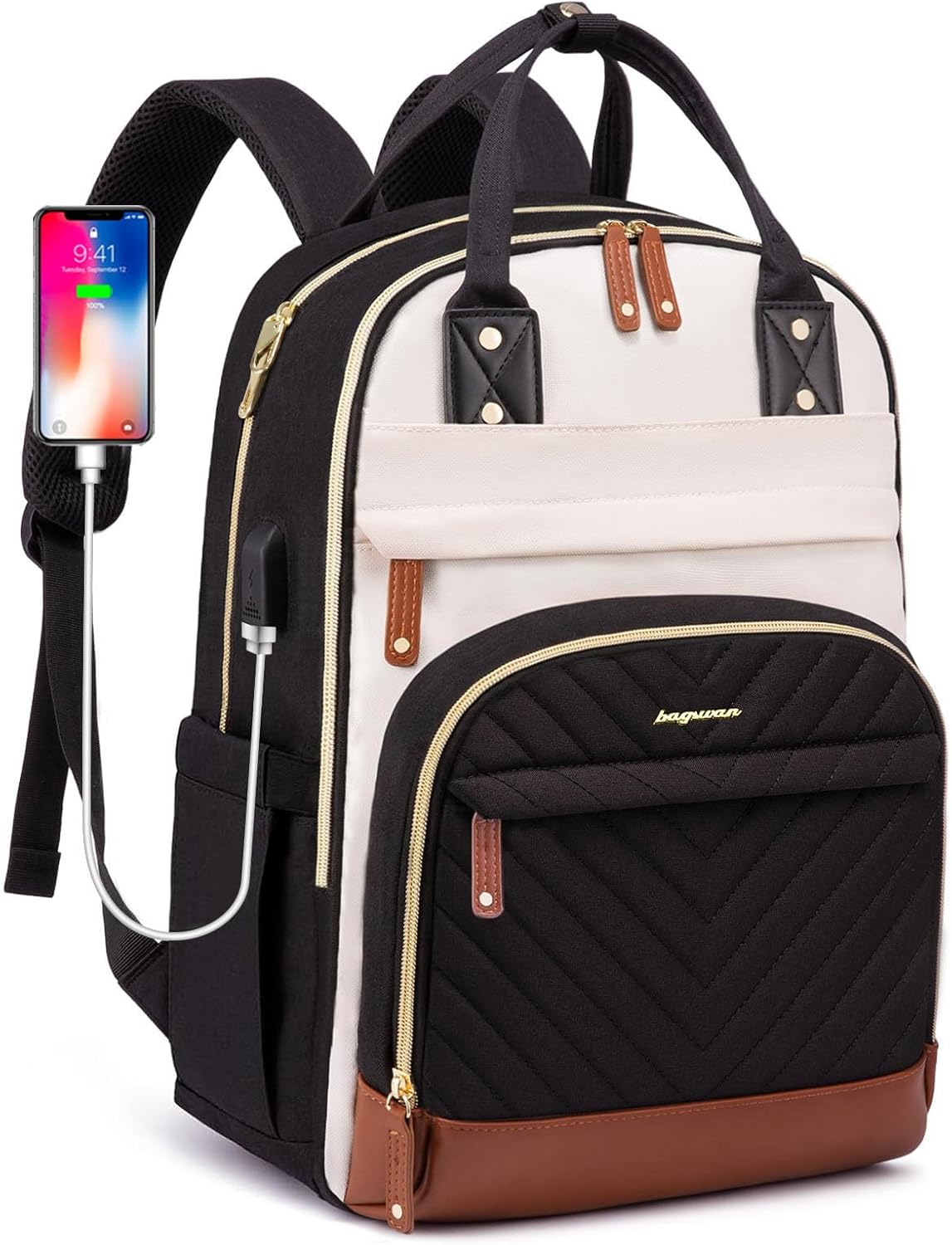 Laptop Backpack for Women – 15.6" Waterproof Work & Travel Bag with USB Charging Port, Anti-Theft Design, College School Bookbag for Nurse, Teacher & Business (Beige/Black/Brown)
