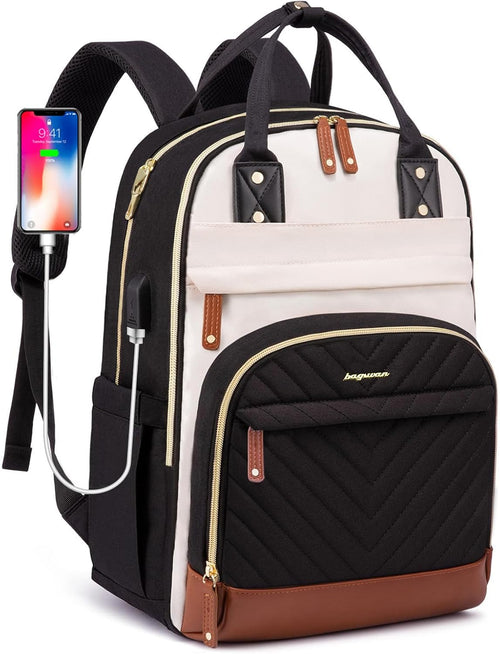Laptop Backpack for Women – 15.6" Waterproof Work & Travel Bag with USB Charging Port, Anti-Theft Design, College School Bookbag for Nurse, Teacher & Business (Beige/Black/Brown)