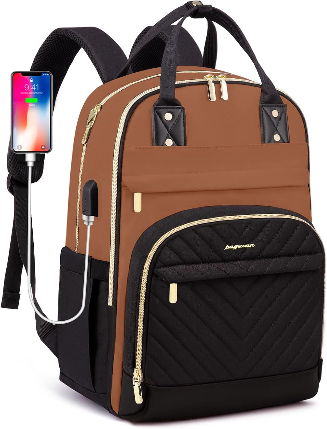 Laptop Backpack for Women – 15.6" Waterproof Work & Travel Bag with USB Charging Port, Anti-Theft Design, College School Bookbag for Nurse, Teacher & Business (Beige/Black/Brown)