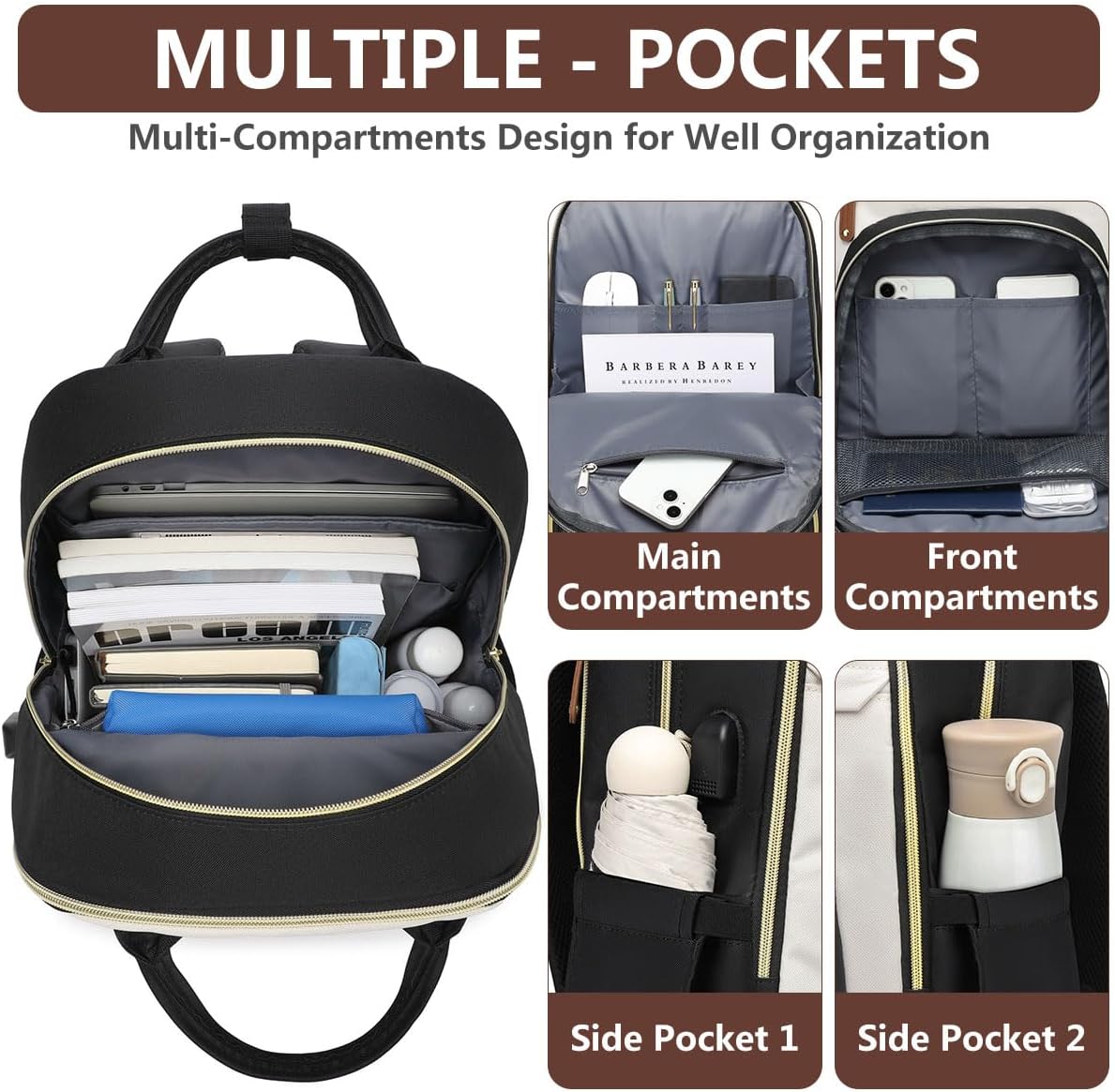 Laptop Backpack for Women – 15.6" Waterproof Work & Travel Bag with USB Charging Port, Anti-Theft Design, College School Bookbag for Nurse, Teacher & Business (Beige/Black/Brown)