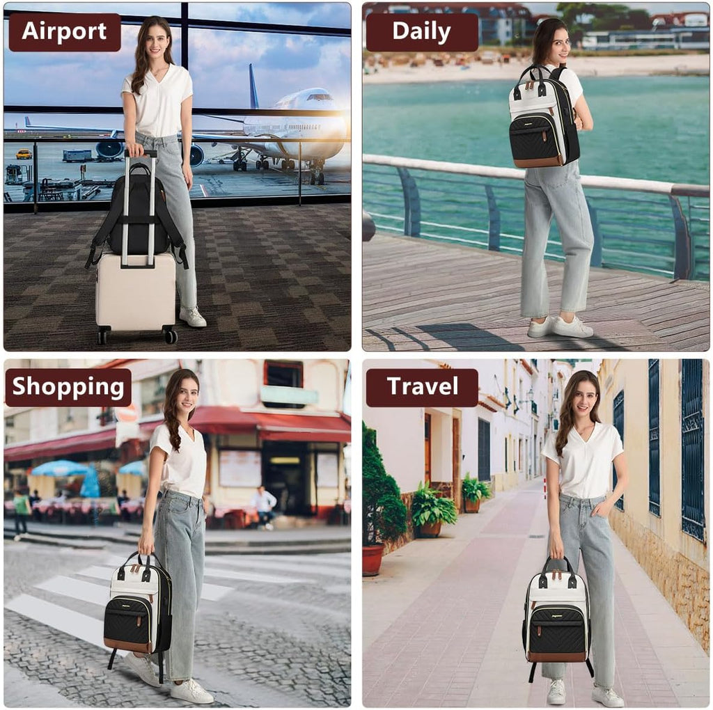 Laptop Backpack for Women – 15.6" Waterproof Work & Travel Bag with USB Charging Port, Anti-Theft Design, College School Bookbag for Nurse, Teacher & Business (Beige/Black/Brown)