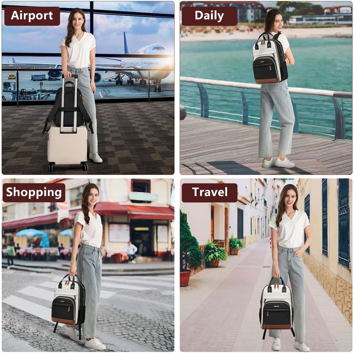 Laptop Backpack for Women – 15.6" Waterproof Work & Travel Bag with USB Charging Port, Anti-Theft Design, College School Bookbag for Nurse, Teacher & Business (Beige/Black/Brown)