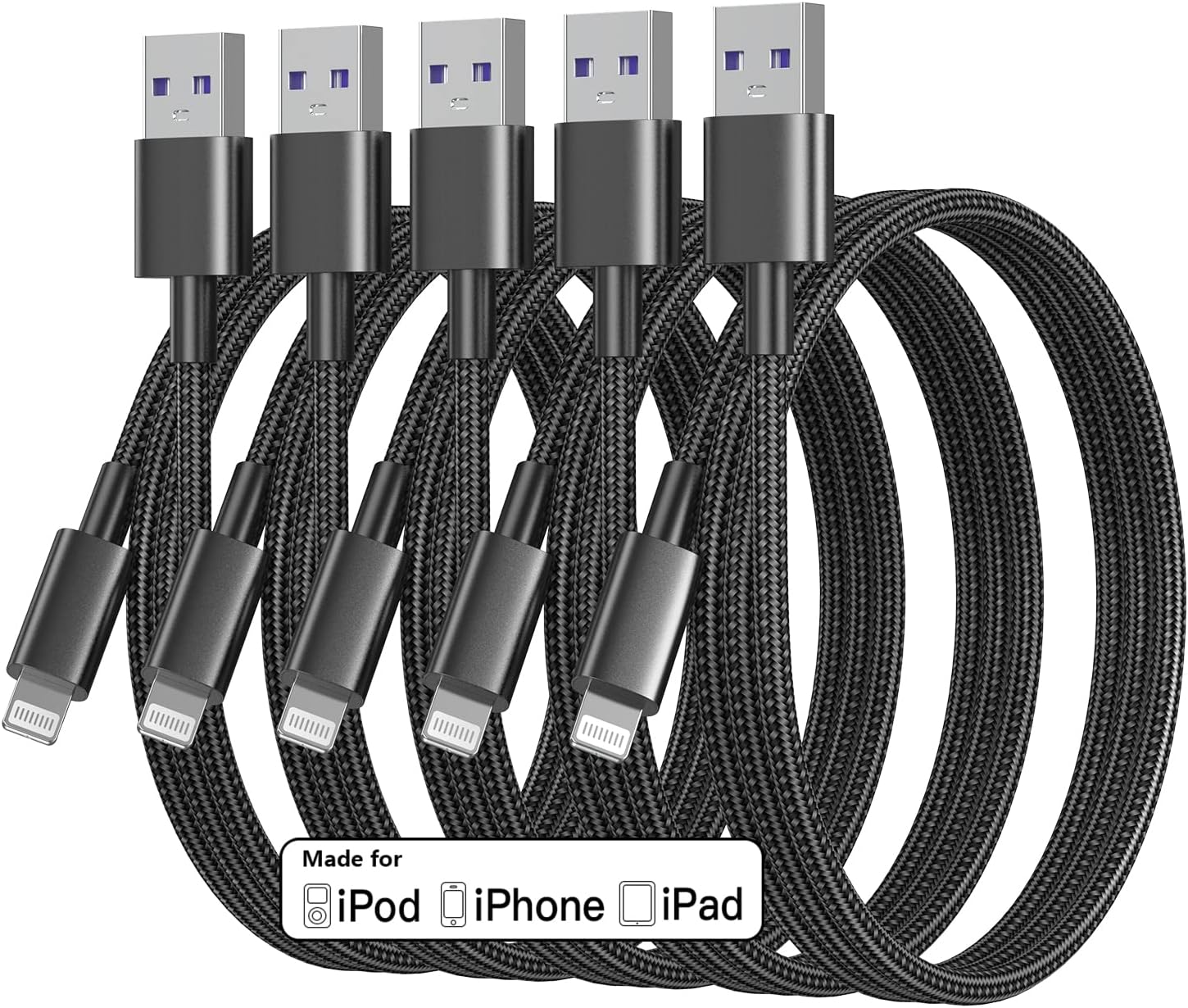 iPhone Lightning Charger Cable – 5-Pack (3FT) Fast Charging Nylon Braided, Apple MFi Certified