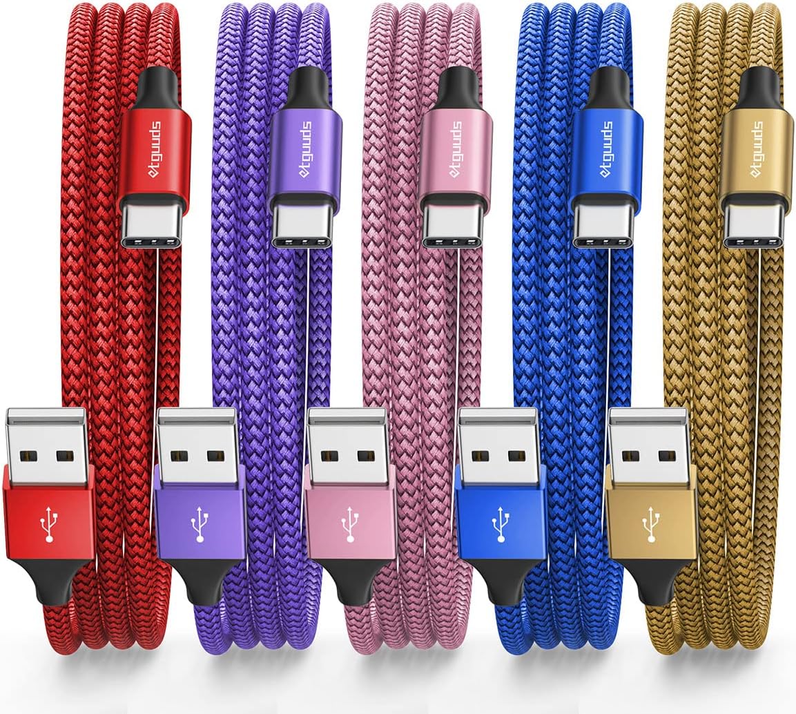 USB-C Fast Charging Cable – 5-Pack Durable Braided Type-C Cords (3FT) for iPhone 15, Samsung Galaxy, Pixel, Moto & More
