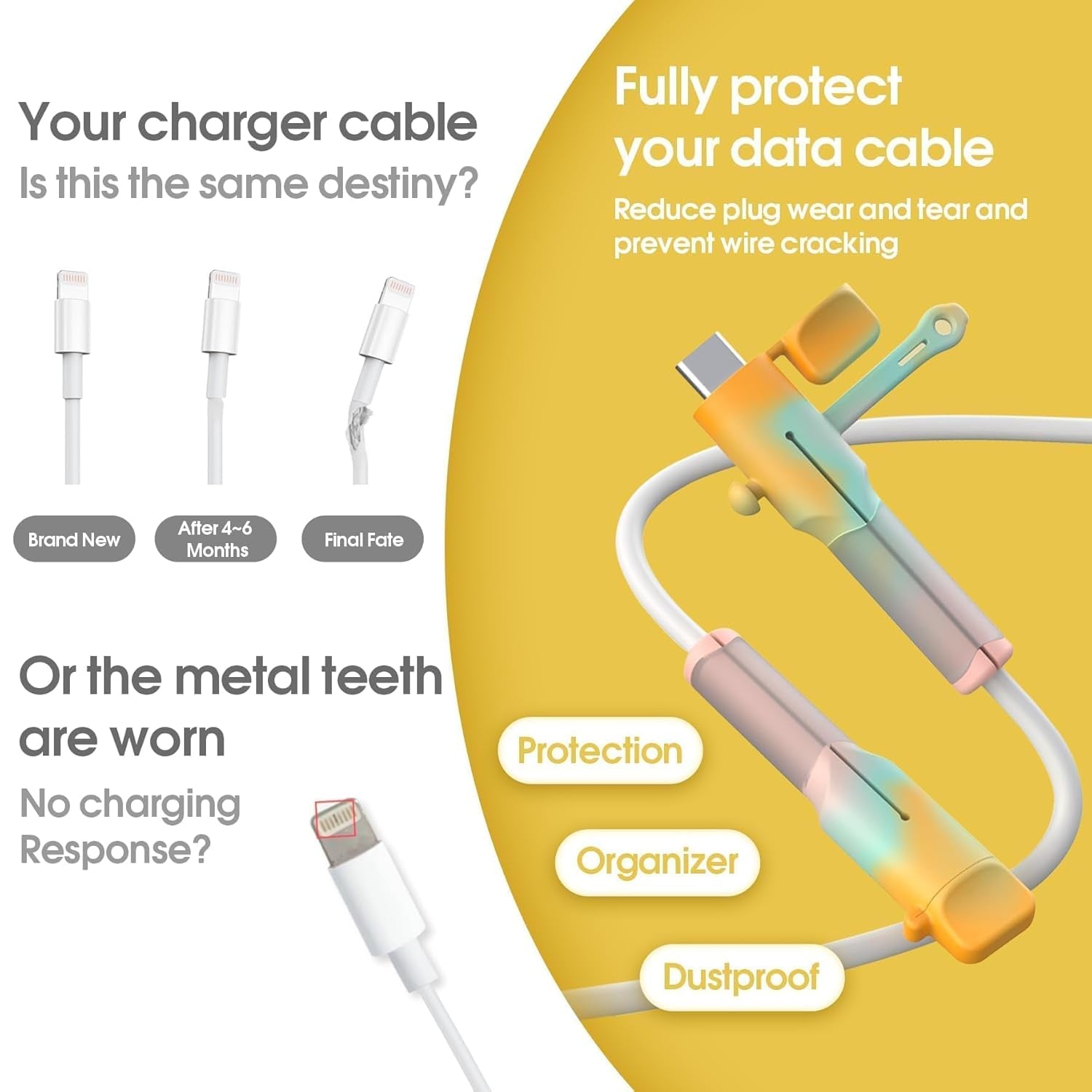 6-Pack Silicone Charger Cable Protectors – Colorful Cord Savers & Organizer Accessories for USB-C to Lightning Phone Chargers (6 Colors)