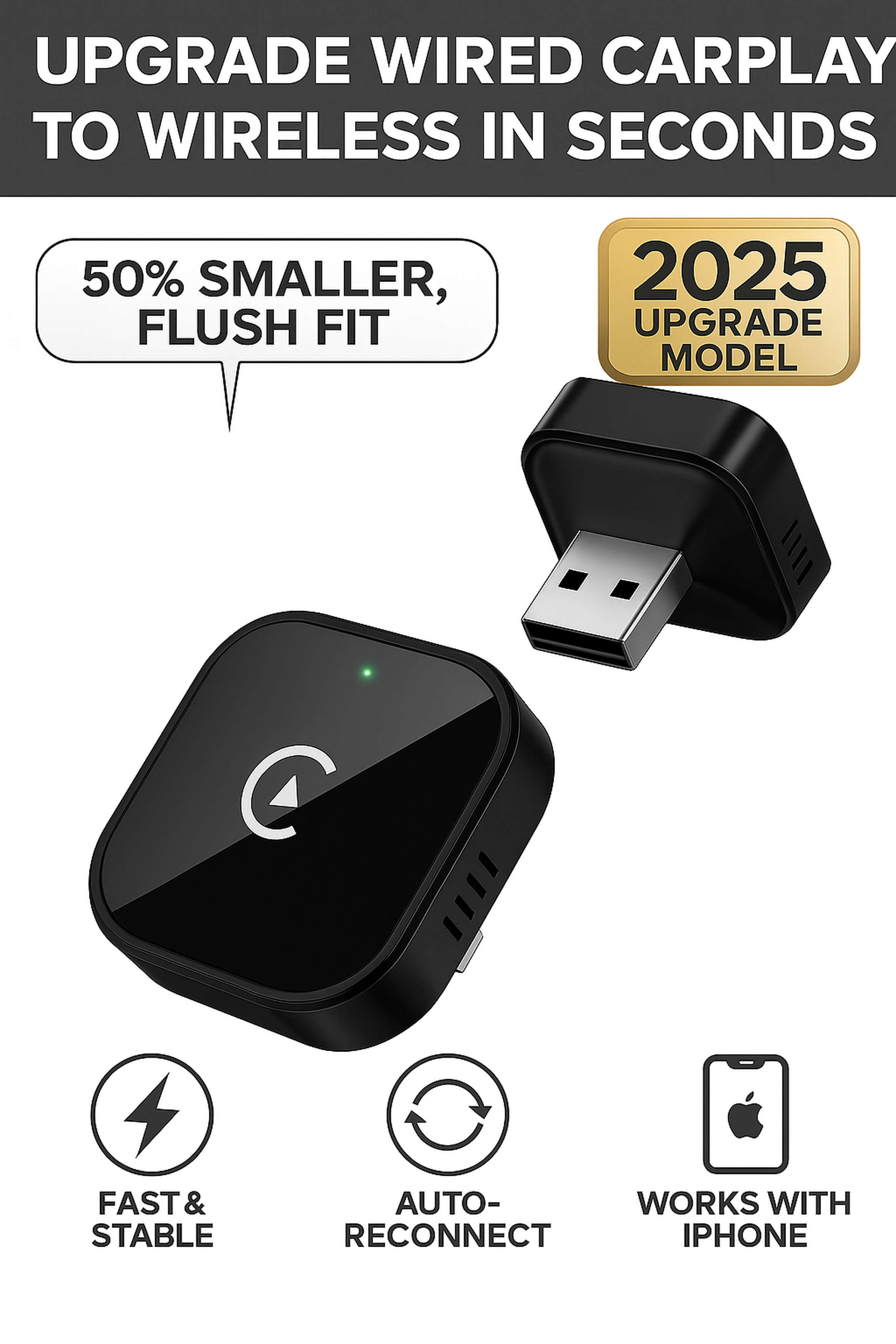 Wireless CarPlay Adapter – 2025 Mini USB Plug & Play, Fast & Stable iPhone Connection